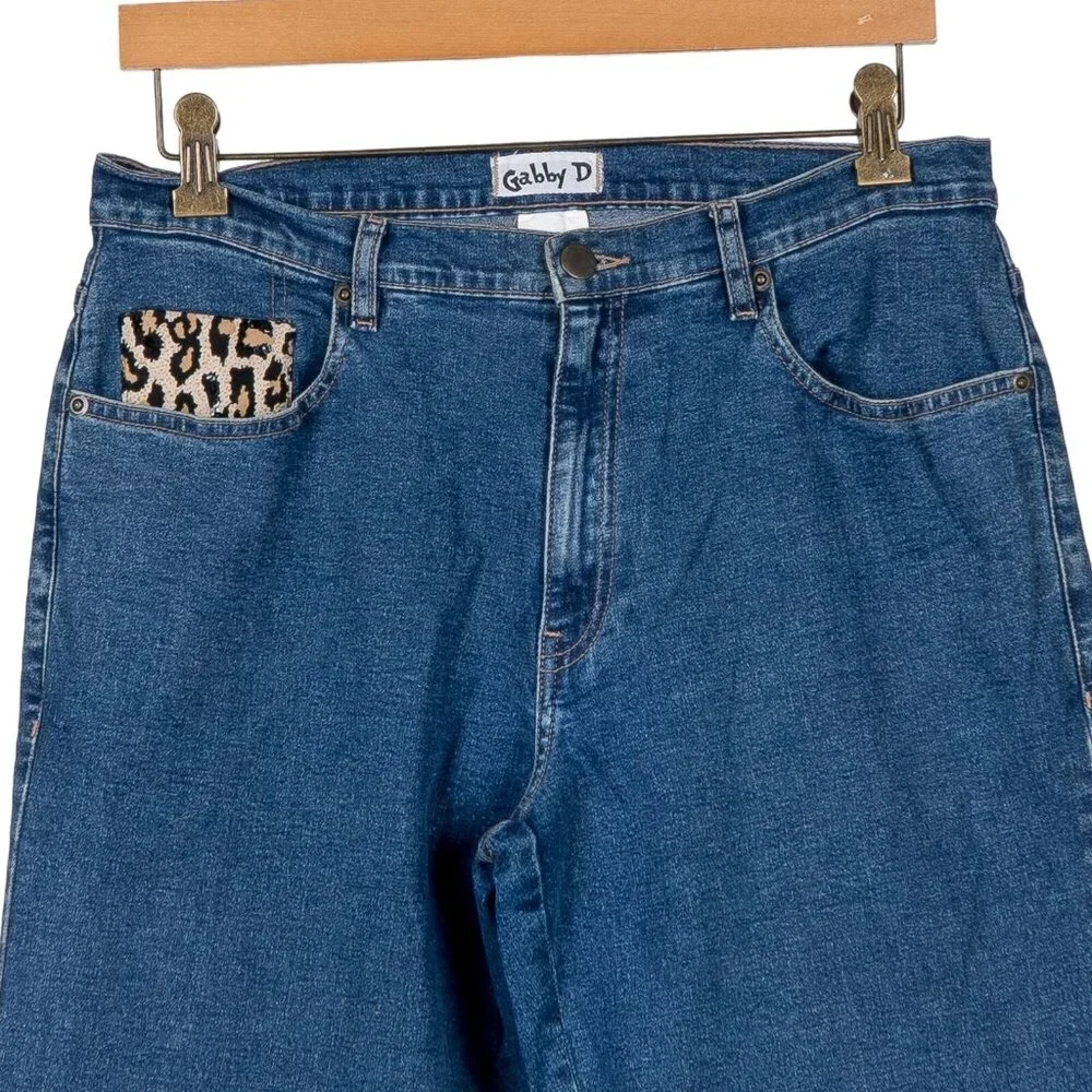 Gabby D VTG Jeans 8 Womens Leopard Print Accent Straight Blue Cotton Bead Sequin - Picture 2 of 5